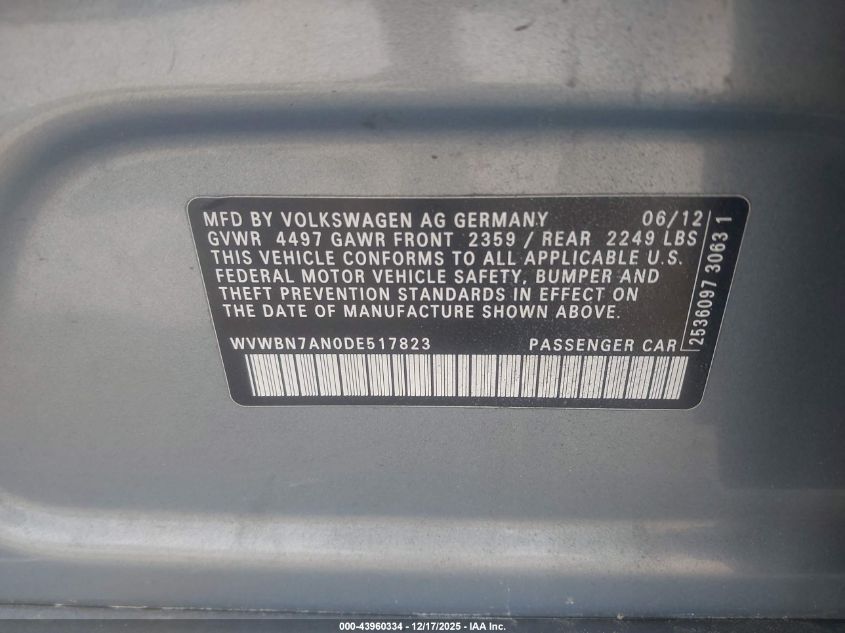 2011 Volkswagen Jetta 2.0L Tdi VIN: 3VWLL7AJ8BM067673 Lot: 43960334