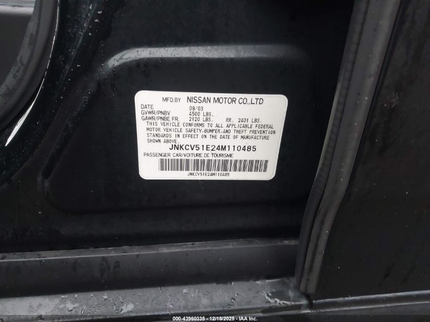 2004 Infiniti G35 VIN: JNKCV51E24M110485 Lot: 43960335