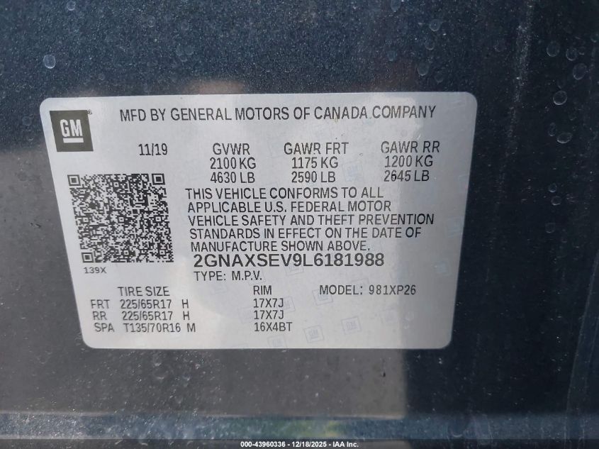 2020 Chevrolet Equinox Awd Ls VIN: 2GNAXSEV9L6181988 Lot: 43960336