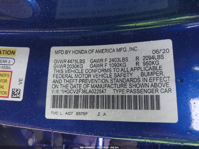 2020 Honda Accord Sport 2.0T VIN: 1HGCV2F36LA022547 Lot: 43960337