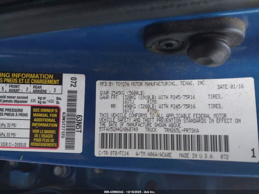 2016 Toyota Tacoma Sr5 VIN: 5TFAX5GN4GX060749 Lot: 43960342