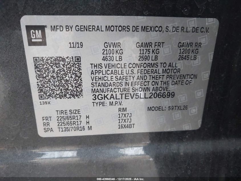 2020 GMC Terrain Awd Sle VIN: 3GKALTEV5LL206699 Lot: 43960346