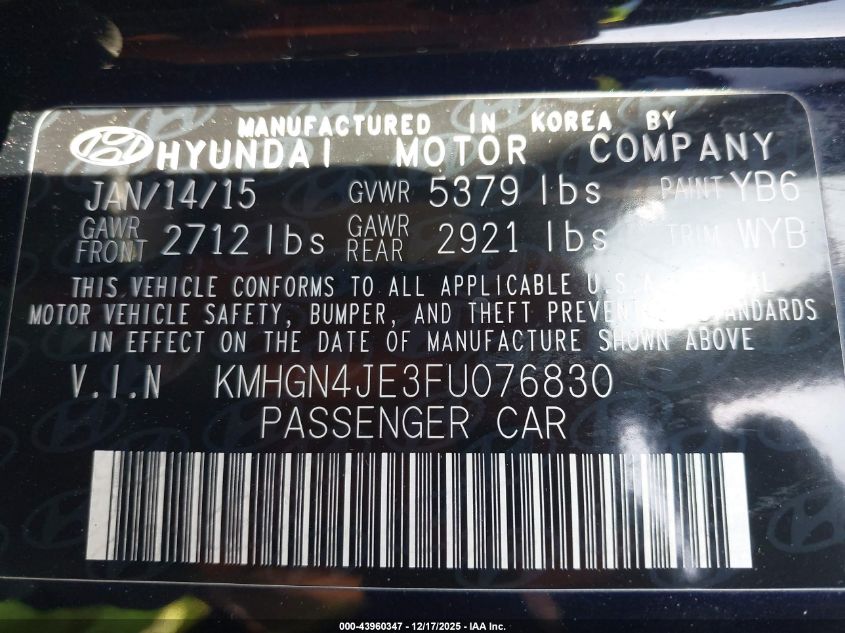 2015 Hyundai Genesis 3.8 VIN: KMHGN4JE3FU076830 Lot: 43960347