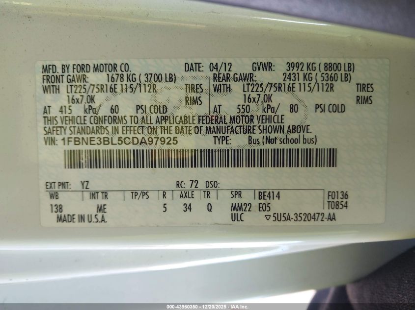 2012 Ford E-350 Super Duty Xlt VIN: 1FBNE3BL5CDA97925 Lot: 43960350