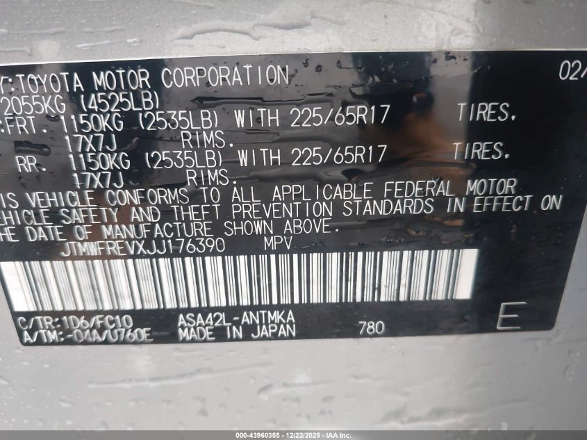 2018 Toyota Rav4 Xle VIN: JTMWFREVXJJ176390 Lot: 43960355