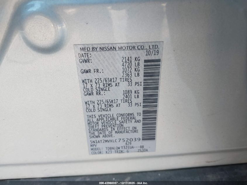 2020 Nissan Rogue Sv Intelligent Awd VIN: 5N1AT2MVXLC752039 Lot: 43960357