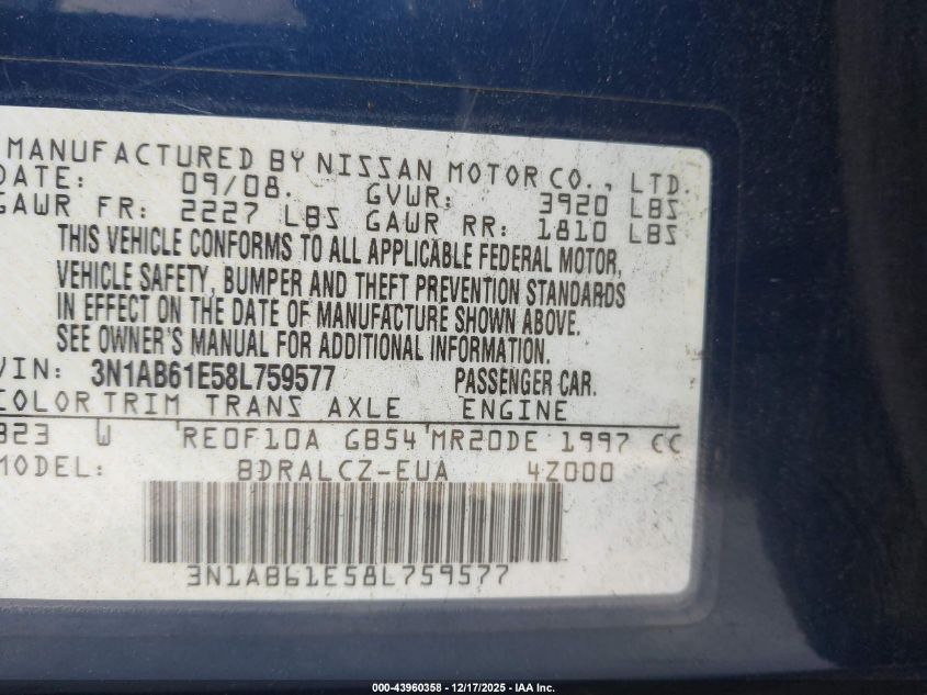 2008 Nissan Sentra 2.0 VIN: 3N1AB61E58L759577 Lot: 43960358