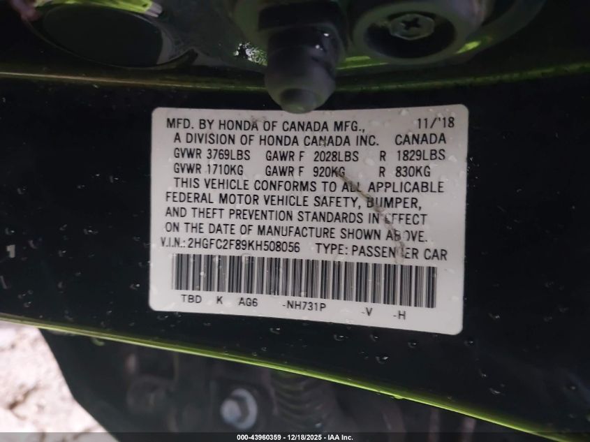 2019 Honda Civic Sport VIN: 2HGFC2F89KH508056 Lot: 43960359