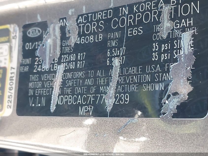 2015 Kia Sportage Lx VIN: KNDPBCAC7F7765239 Lot: 43960361