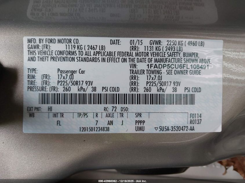 2015 Ford C-Max Energi Sel VIN: 1FADP5CU6FL106491 Lot: 43960362