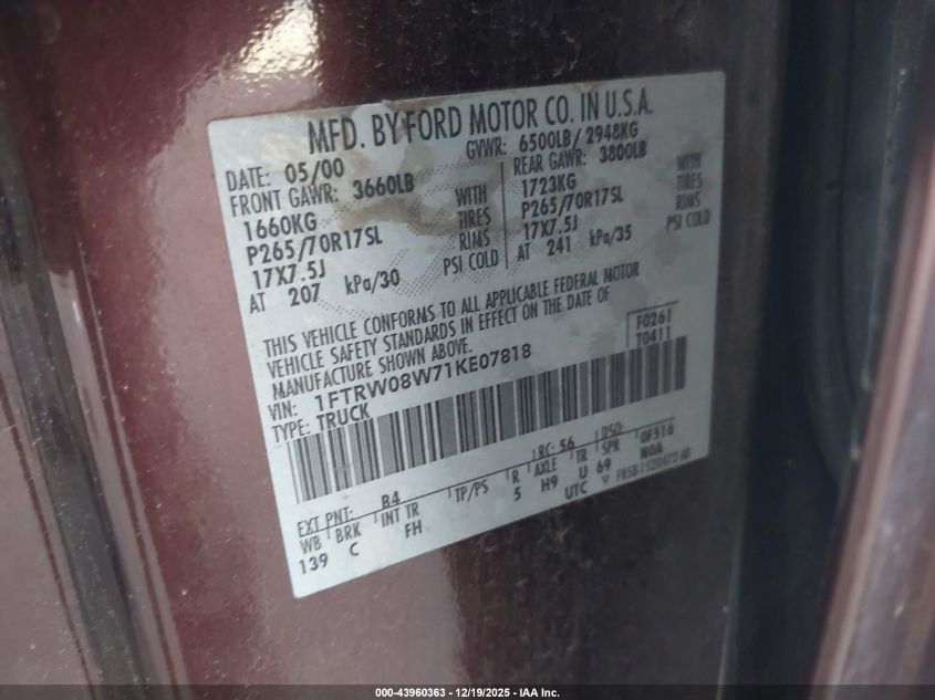 2001 Ford F-150 King Ranch Edition/Lariat/Xlt VIN: 1FTRW08W71KE07818 Lot: 43960363