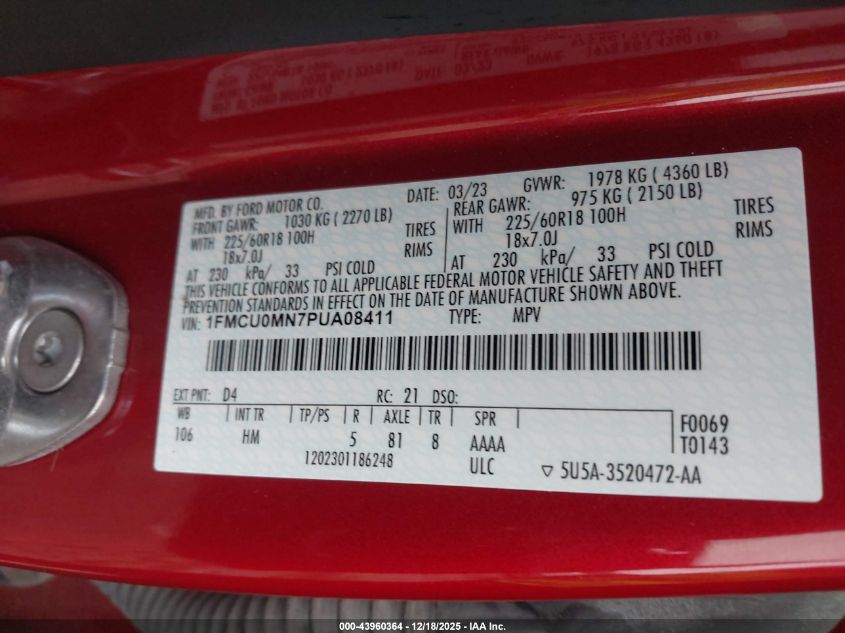 2023 Ford Escape St-Line VIN: 1FMCU0MN7PUA08411 Lot: 43960364