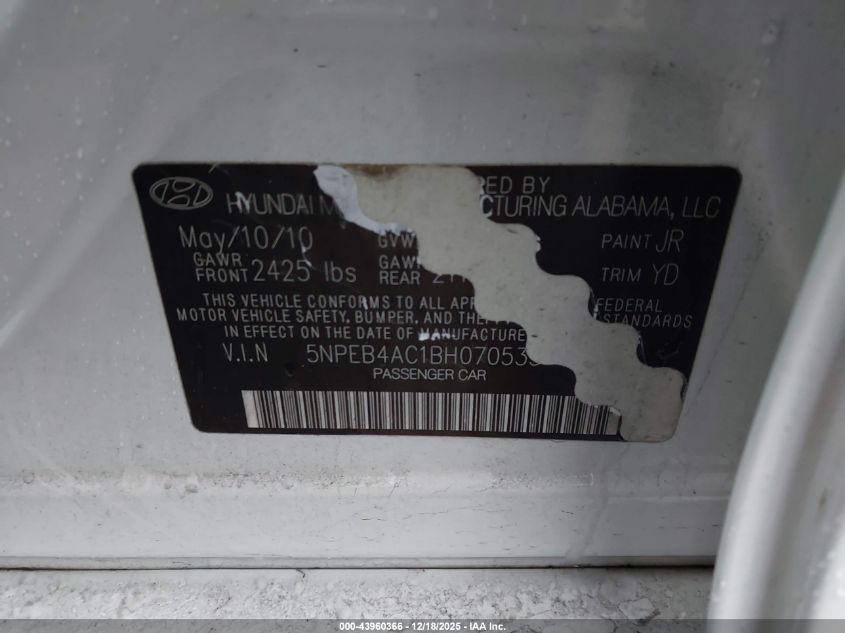 2011 Hyundai Sonata Gls VIN: 5NPEB4AC1BH070533 Lot: 43960366