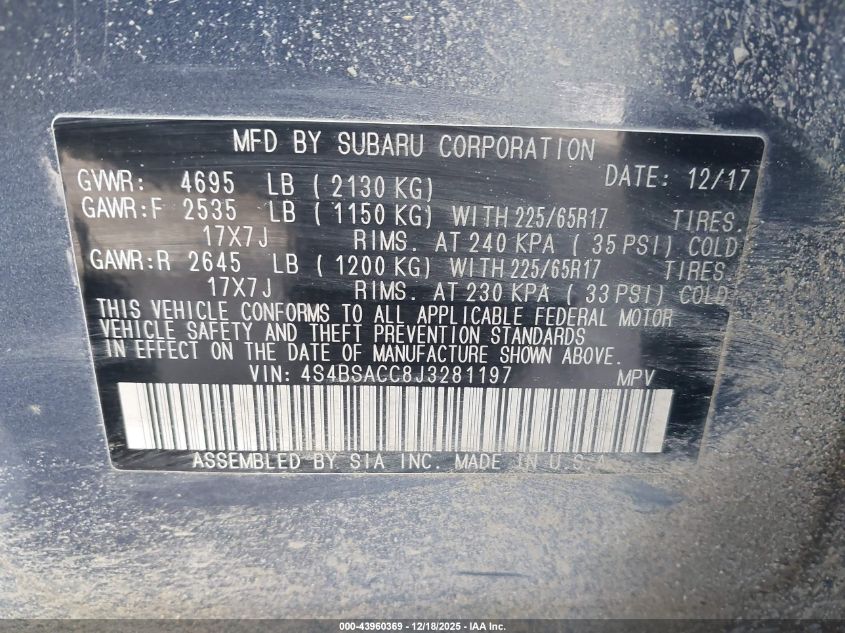 2018 Subaru Outback 2.5I Premium VIN: 4S4BSACC8J3281197 Lot: 43960369