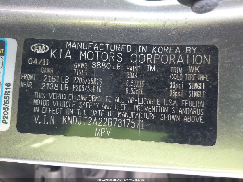 2011 Kia Soul + VIN: KNDJT2A22B7317571 Lot: 43960370