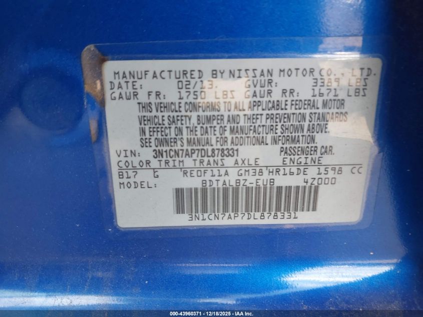 2013 Nissan Versa 1.6 Sv VIN: 3N1CN7AP7DL878331 Lot: 43960371