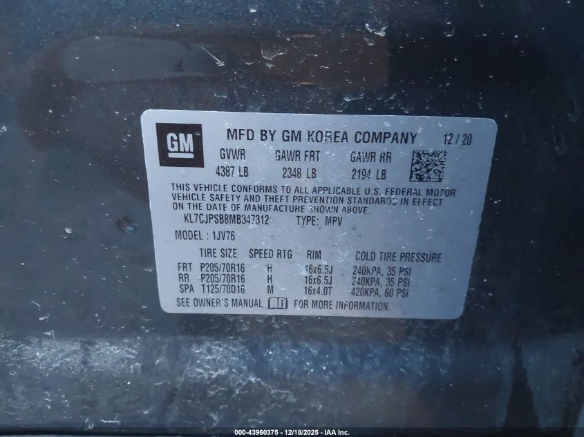 2021 Chevrolet Trax Awd Lt VIN: KL7CJPSB8MB347312 Lot: 43960375