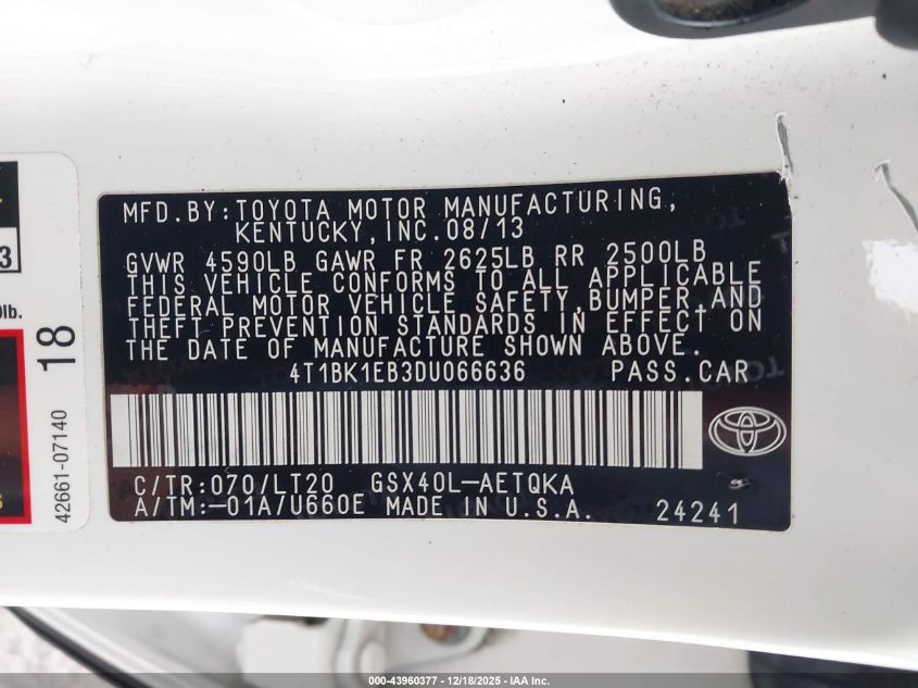 2013 Toyota Avalon Xle Touring VIN: 4T1BK1EB3DU066636 Lot: 43960377