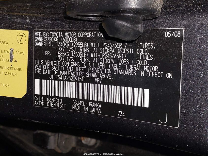 2008 Toyota Highlander VIN: JTEES41A282091511 Lot: 43960378