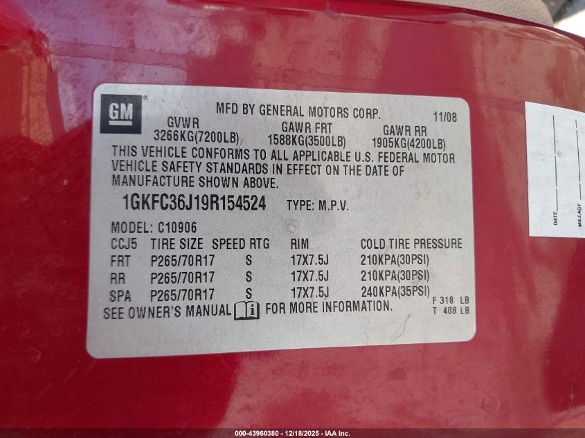 2009 GMC Yukon Xl 1500 Slt2 VIN: 1GKFC36J19R154524 Lot: 43960380