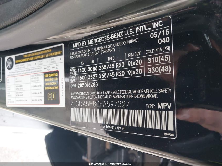 2015 Mercedes-Benz Ml 350 4Matic VIN: 4JGDA5HB0FA597327 Lot: 43960381