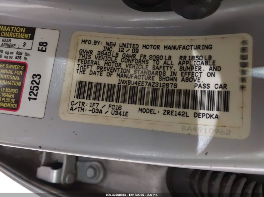 2010 Toyota Corolla Le VIN: 1NXBU4EE7AZ312878 Lot: 43960384