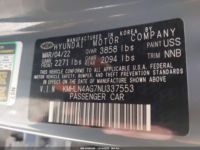 2022 Hyundai Elantra Sel VIN: KMHLN4AG7NU337553 Lot: 43960388