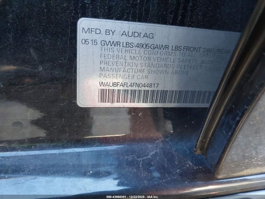 2015 Audi A4 2.0T Premium VIN: WAUBFAFL4FN044817 Lot: 43960391