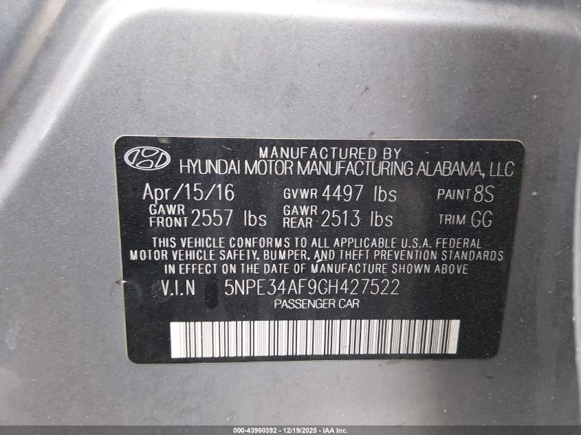 2016 Hyundai Sonata Sport VIN: 5NPE34AF9GH427522 Lot: 43960392