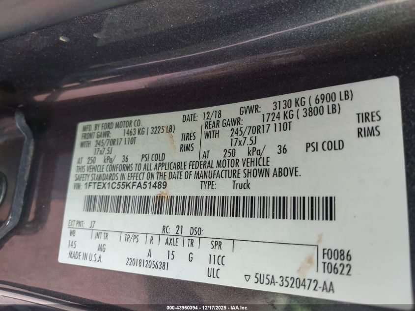 2019 Ford F-150 Xlt VIN: 1FTEX1C55KFA51489 Lot: 43960394