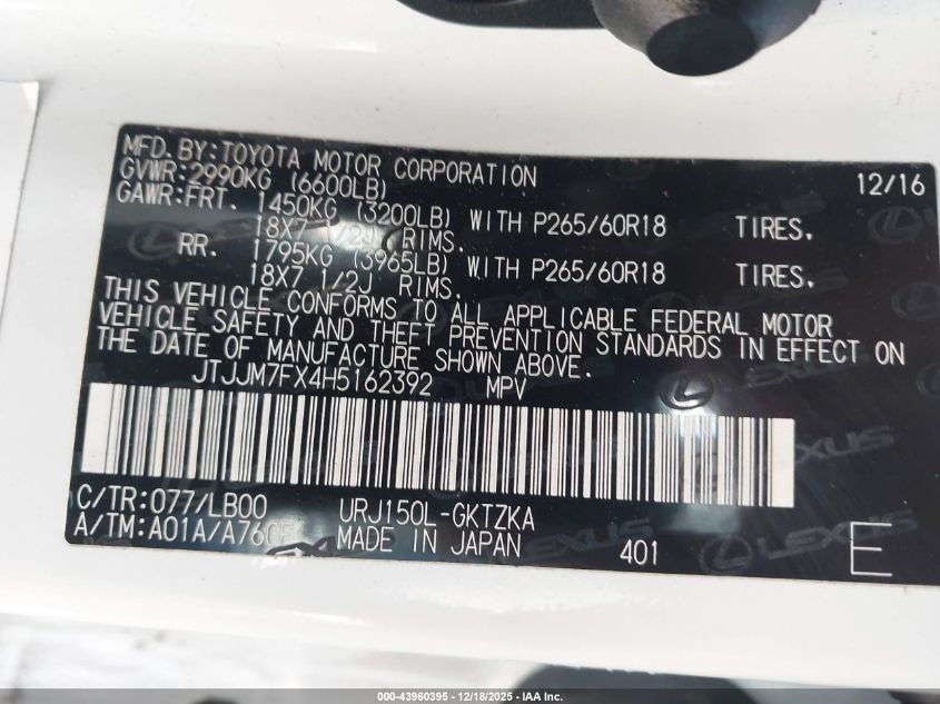 2017 Lexus Gx 460 Luxury VIN: JTJJM7FX4H5162392 Lot: 43960395