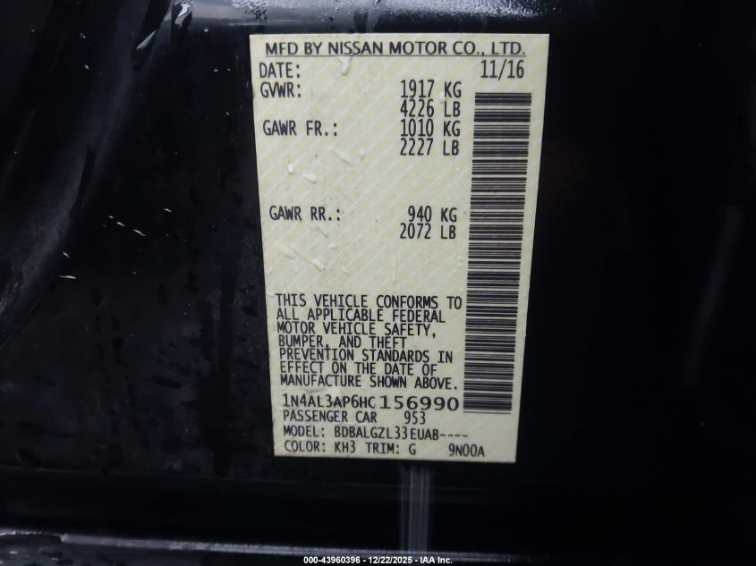 2017 Nissan Altima 2.5 S VIN: 1N4AL3AP6HC156990 Lot: 43960396