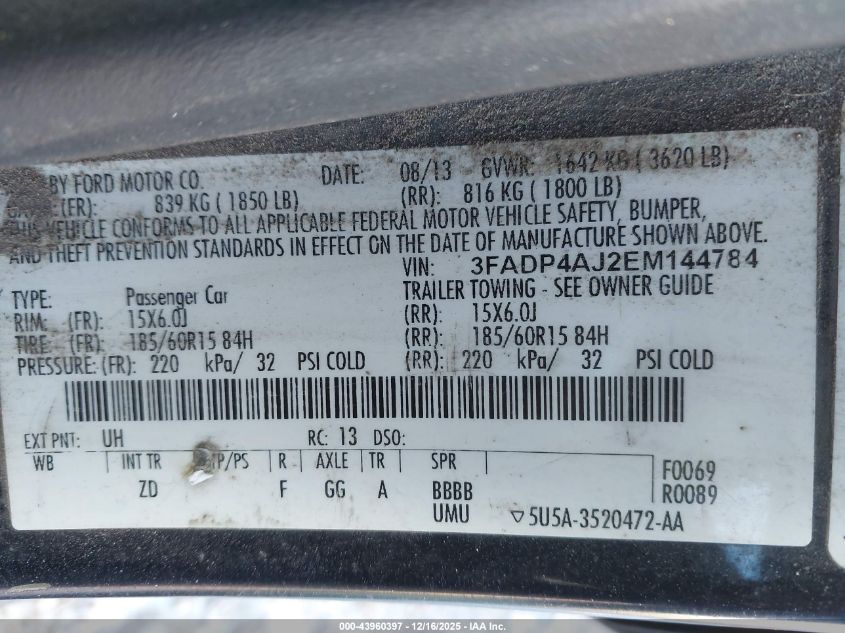 2014 Ford Fiesta S VIN: 3FADP4AJ2EM144784 Lot: 43960397