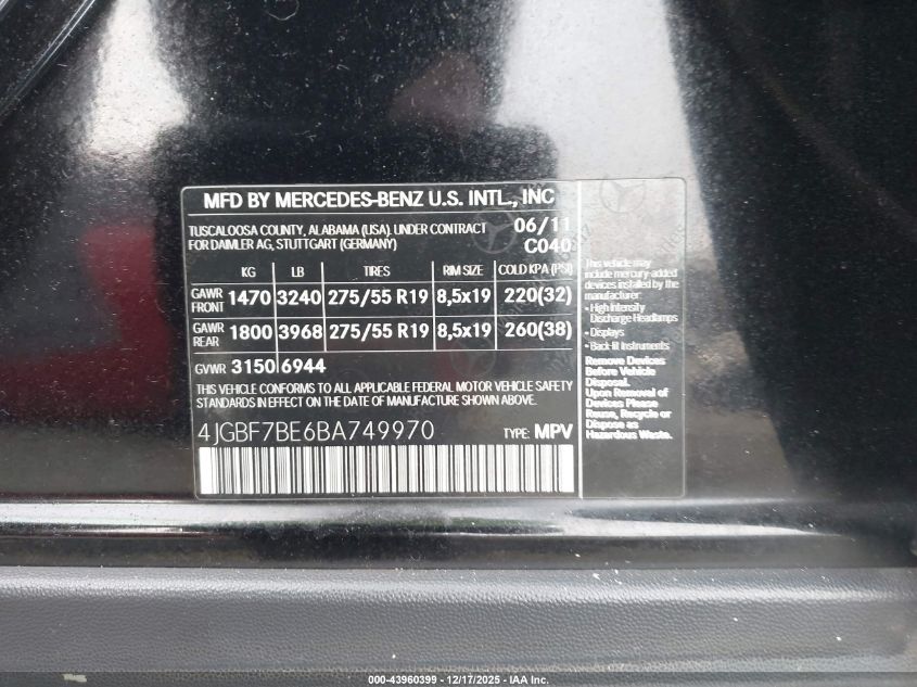 2011 Mercedes-Benz Gl 450 4Matic VIN: 4JGBF7BE6BA749970 Lot: 43960399