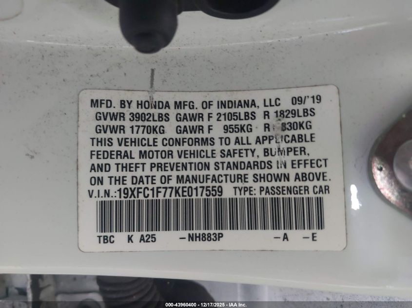 2019 Honda Civic Ex-L VIN: 19XFC1F77KE017559 Lot: 43960400