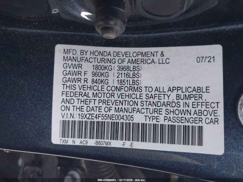 2022 Honda Insight Ex VIN: 19XZE4F55NE004305 Lot: 43960403