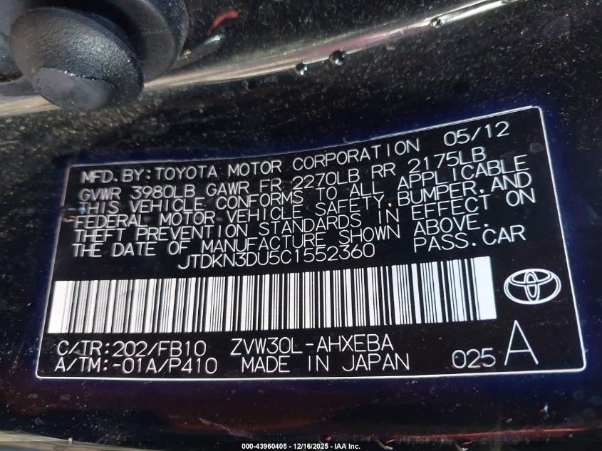 2012 Toyota Prius Three VIN: JTDKN3DU5C1552360 Lot: 43960405