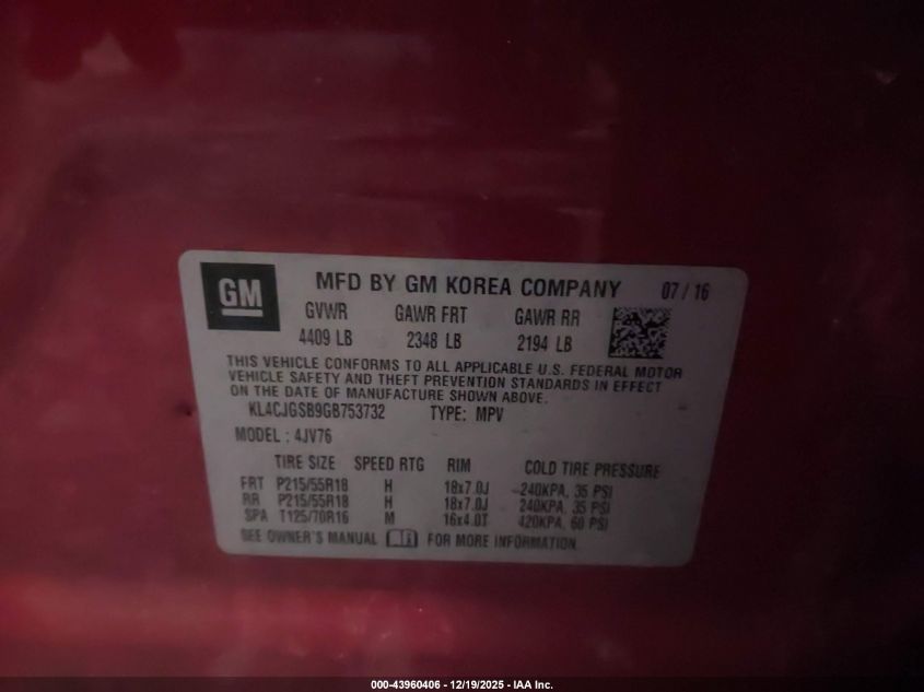 2016 Buick Encore Leather VIN: KL4CJGSB9GB753732 Lot: 43960406