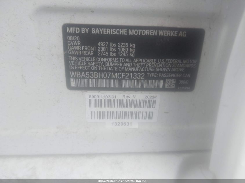 2021 BMW 530I VIN: WBA53BH07MCF21332 Lot: 43960407