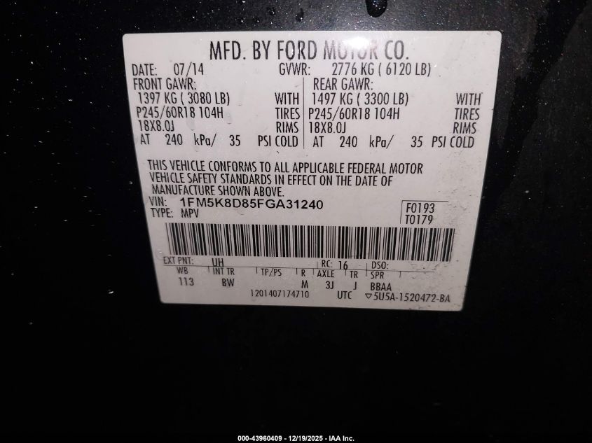 2015 Ford Explorer Xlt VIN: 1FM5K8D85FGA31240 Lot: 43960409