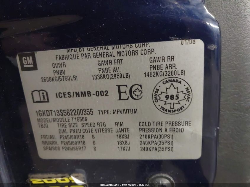 2008 GMC Envoy Sle/Slt VIN: 1GKDT13S582200355 Lot: 43960410