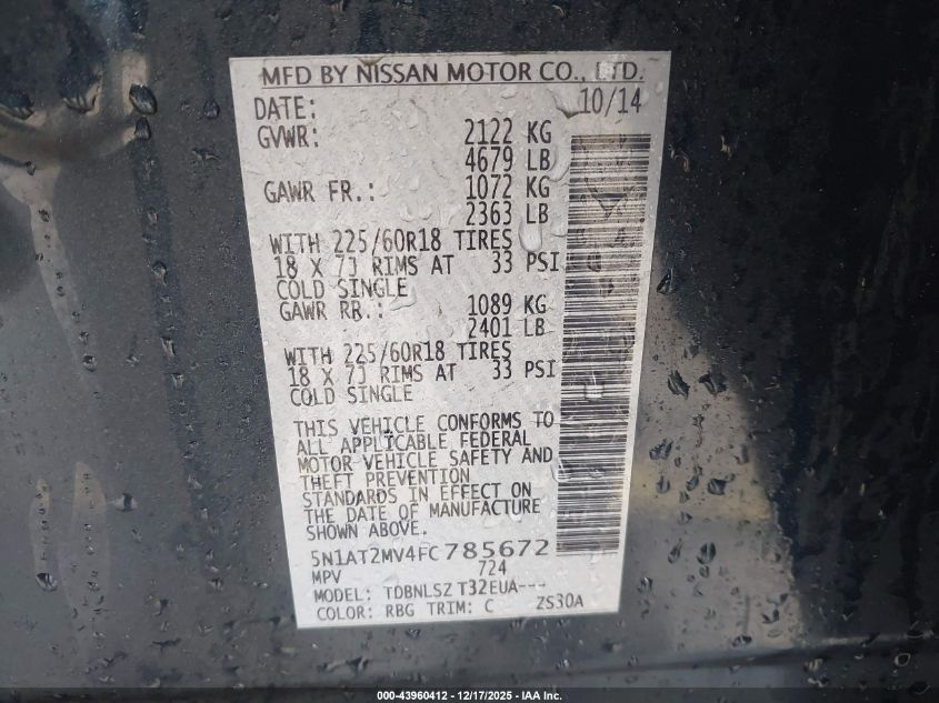 2015 Nissan Rogue Sl VIN: 5N1AT2MV4FC785672 Lot: 43960412