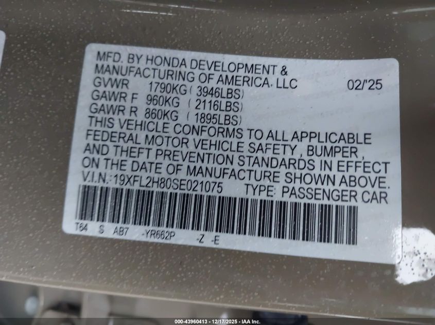 2025 Honda Civic Sedan Sport VIN: 19XFL2H80SE021075 Lot: 43960413