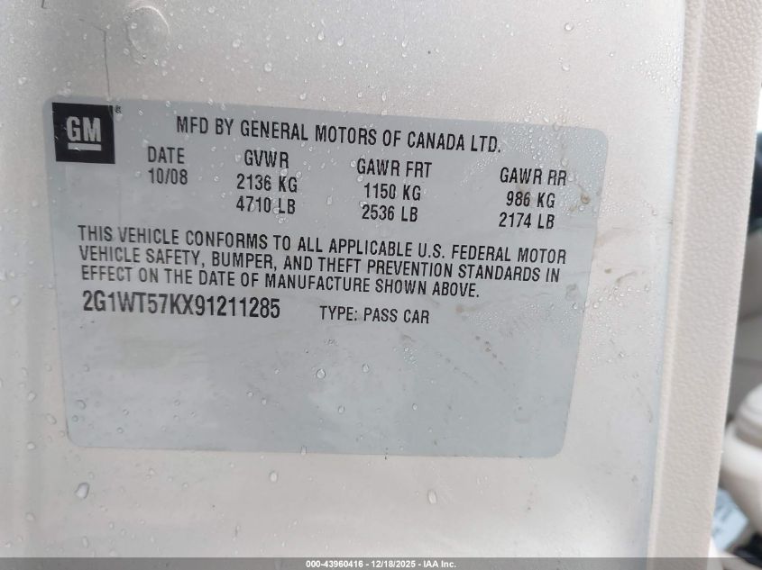 2009 Chevrolet Impala Lt VIN: 2G1WT57KX91211285 Lot: 43960416