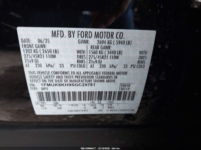 2025 Ford Explorer St-Line VIN: 1FMUK8KH9SGC29781 Lot: 43960417