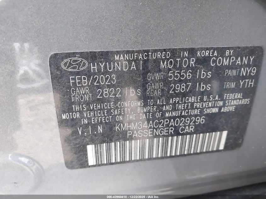 2023 Hyundai Ioniq 6 Sel VIN: KMHM34AC2PA029296 Lot: 43960418