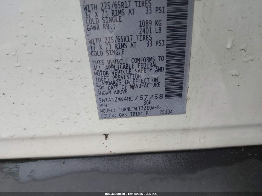 2017 Nissan Rogue Sv VIN: 5N1AT2MV4HC757258 Lot: 43960420