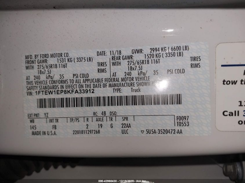 2019 Ford F-150 Xlt VIN: 1FTEW1EP8KFA33912 Lot: 43960430