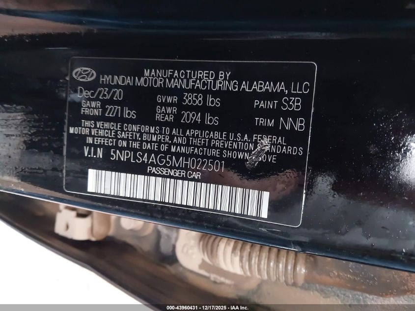 2021 Hyundai Elantra Sel VIN: 5NPLS4AG5MH022501 Lot: 43960431