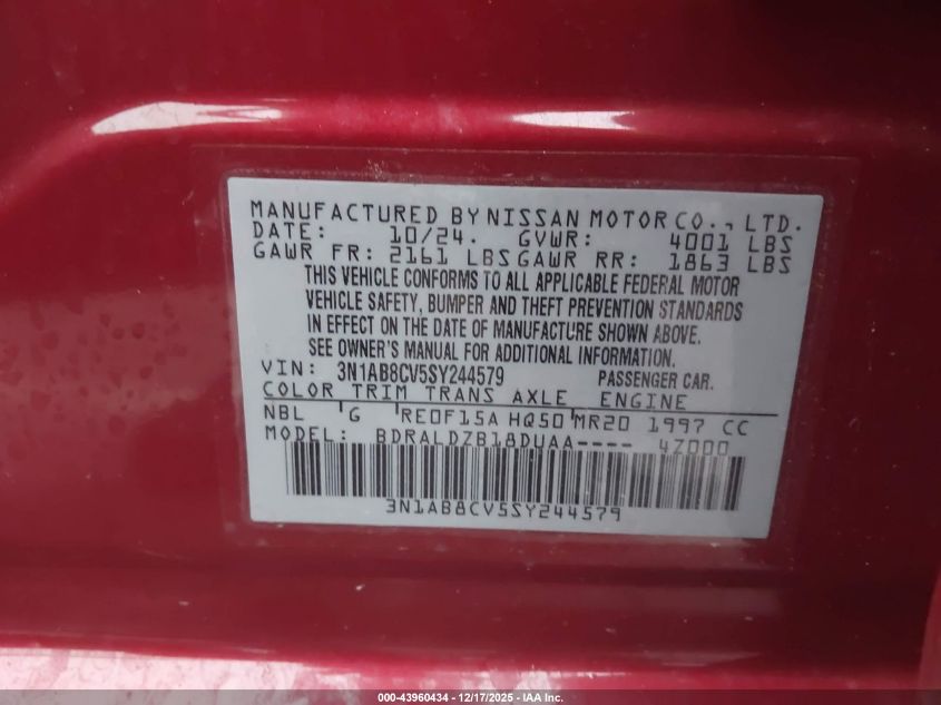 2025 Nissan Sentra Sv VIN: 3N1AB8CV5SY244579 Lot: 43960434